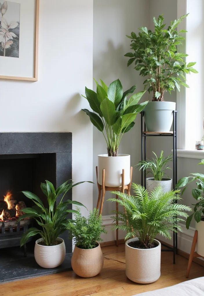 12 Side of Fireplace Ideas for Storage and Visual Balance - 6. Minimalist Plant Stands