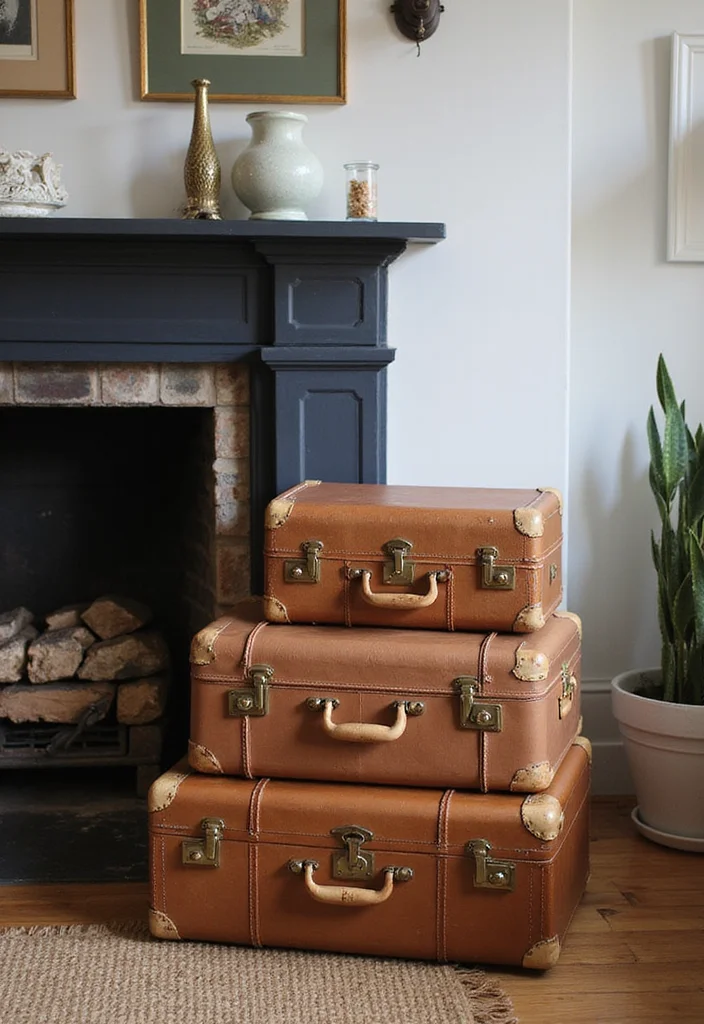 12 Side of Fireplace Ideas for Storage and Visual Balance - 7. Vintage Suitcases for Storage