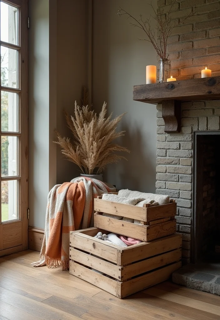 12 Side of Fireplace Ideas for Storage and Visual Balance - 9. Artistic Wooden Crates