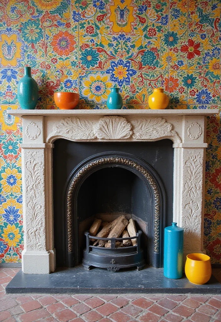 12 Vintage Fireplace Ideas for Charming Retro Warmth - 5. Artistic Tile Patterns