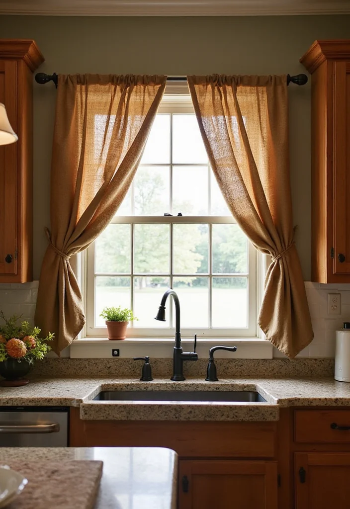 14 Farmhouse Kitchen Curtain Ideas for Cozy Country Charm - 4. Burlap for Textured Warmth