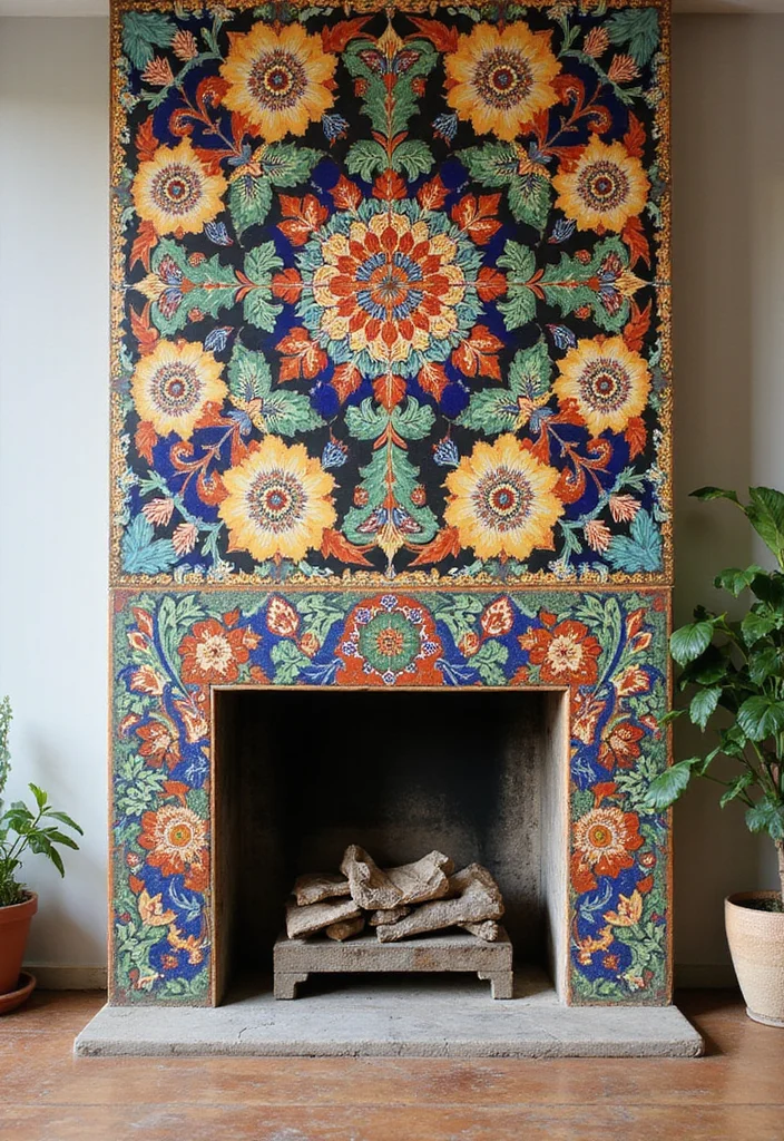 14 Feature Fireplace Wall Ideas for Strong Focal Impact - 4. Sustainable Tile Art