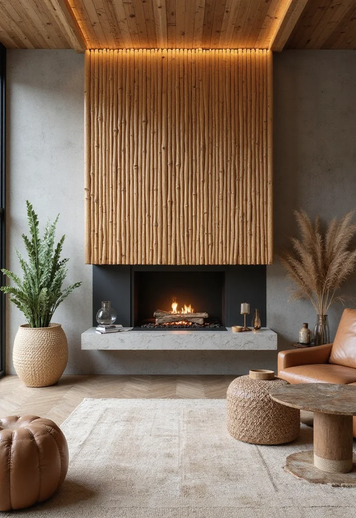 14 Feature Fireplace Wall Ideas for Strong Focal Impact - 7. Bamboo Beauty