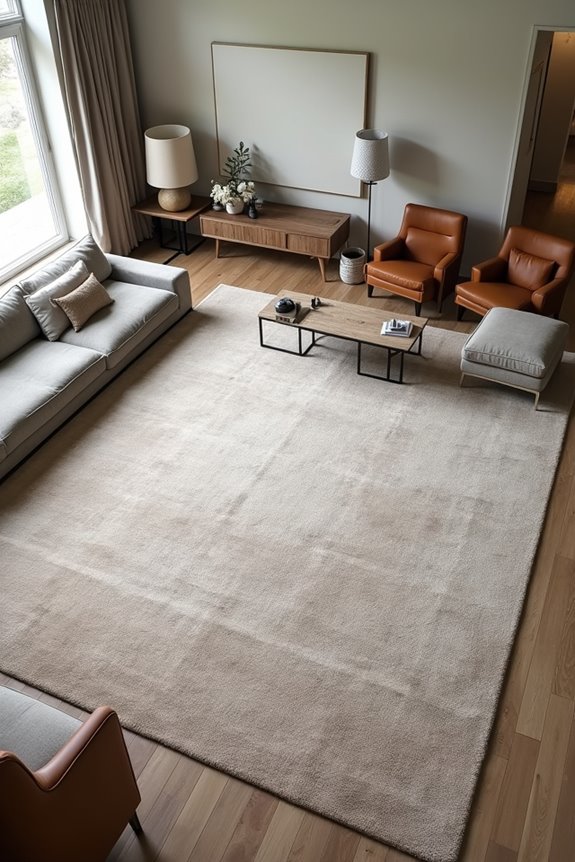 What Size Range Do Big Living Room Rugs Come In? 9 center seating rug under front legs consistently