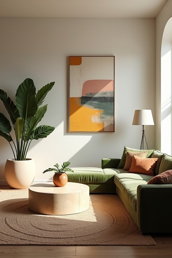 gallery wall with plants and focal chandelier