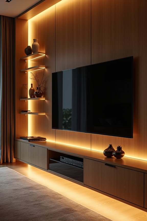 Creative TV Unit Design Ideas for Every Interior Style 5 brass neutrals ambient lighting