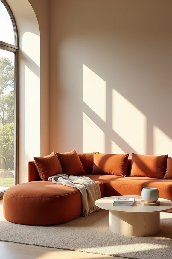 brighten rust sofa with neutrals