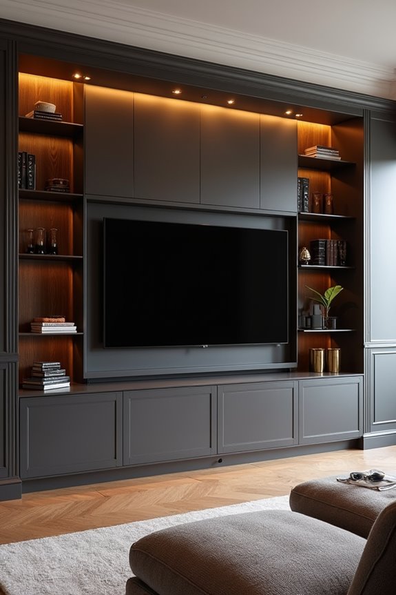 built in media wall with integrated shelving