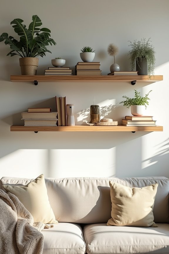 10 Above Sofa Wall Decor Ideas to Transform Your Living Room 8 floating shelves books plants objects