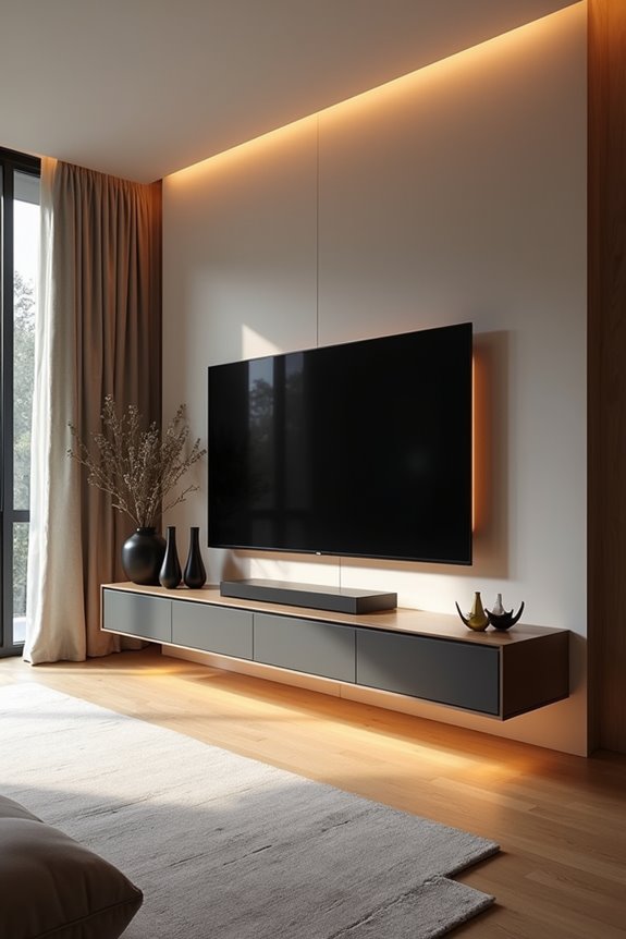 10 Entertainment Center Ideas to Transform Your Living Room 4 floating stands airy space saving cable managed weight safe