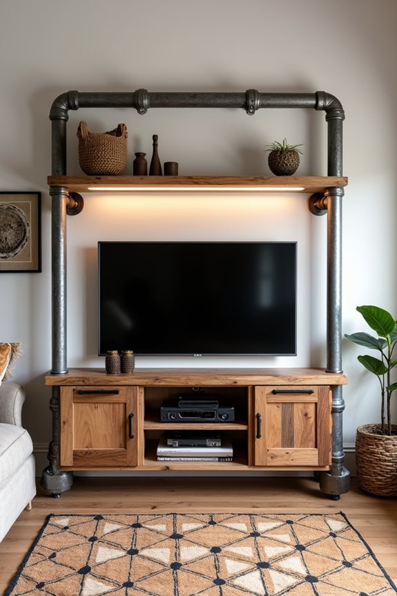 10 Entertainment Center Ideas to Transform Your Living Room 6 industrial pipe and wood aesthetics