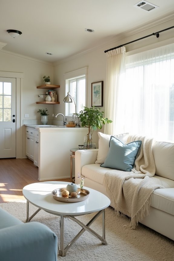 7 Living Room Ideas to Transform Your Single-Wide Trailer 4 light colors reflective surfaces expand space