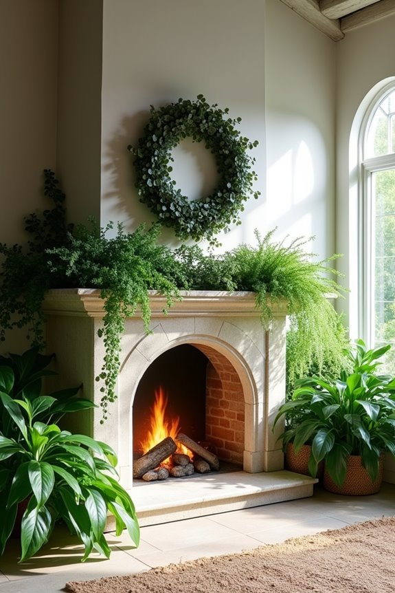 living greenery as fireplace focal point