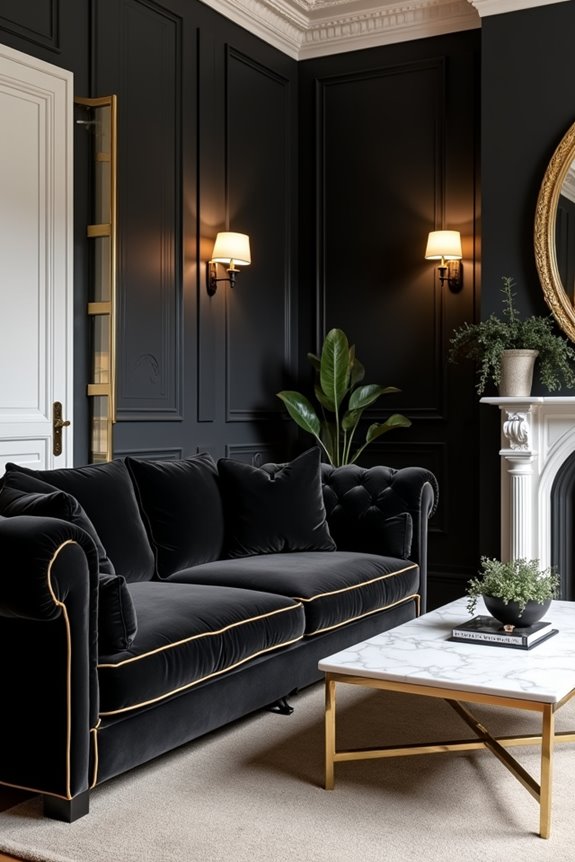 monochrome drama with gold accents