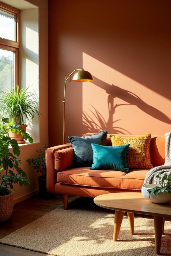 rust sofa as eclectic centerpiece