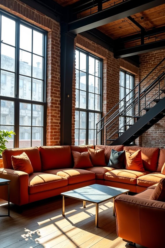 rust sofa meets industrial warmth gracefully
