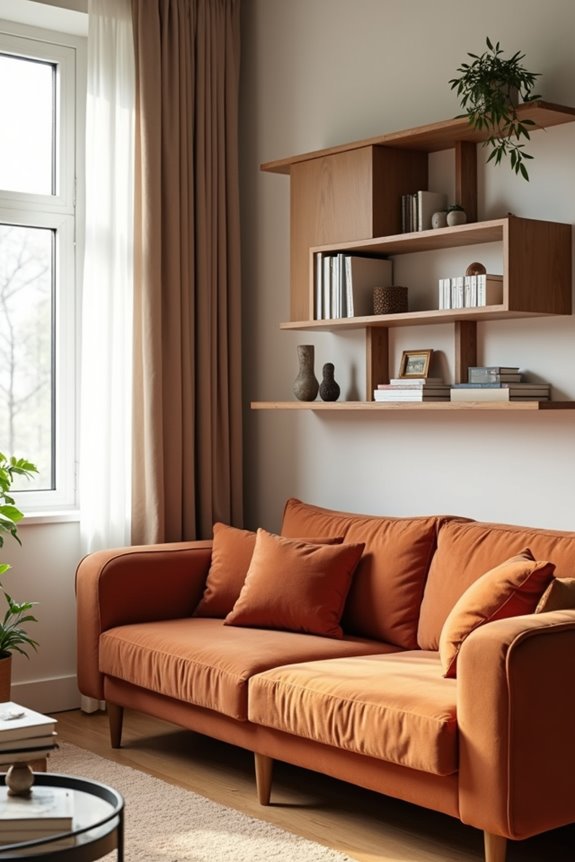 rust sofa with minimalist floating shelves