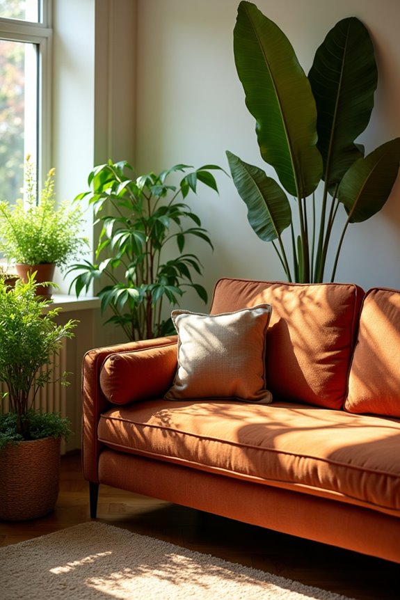 rust sofa with warm greenery accents