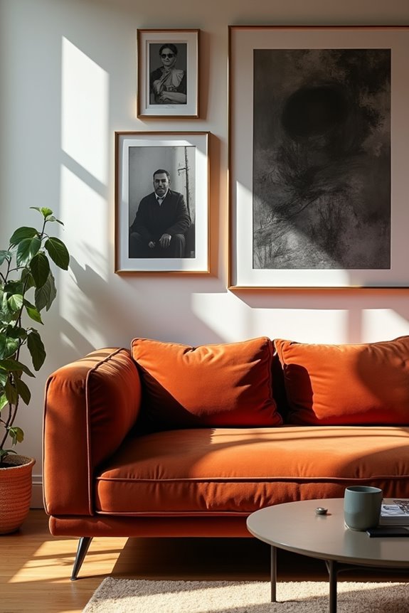 rust velvet gallery wall balance with warm frames