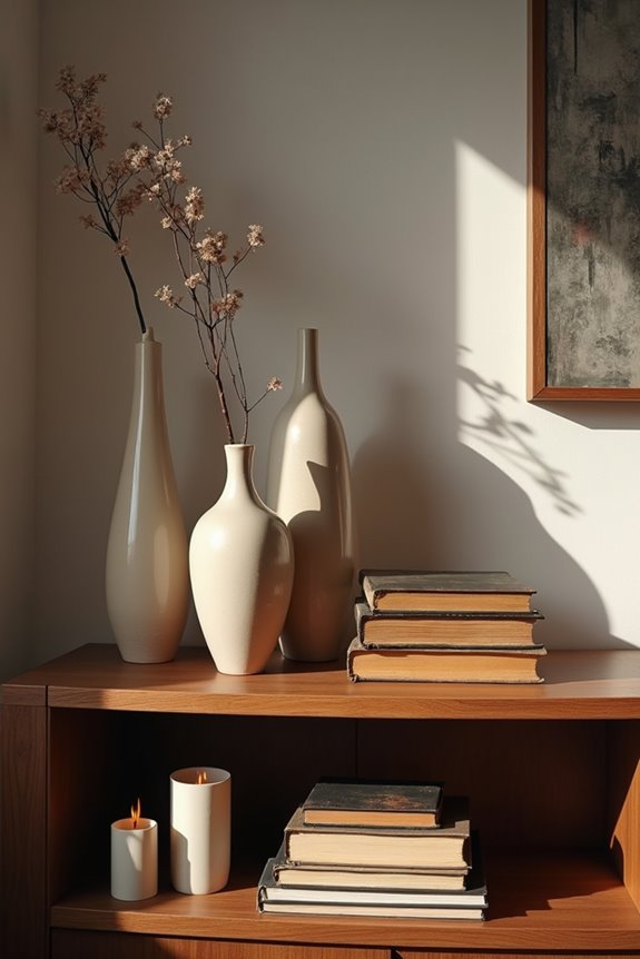 tall vase height layered books balance