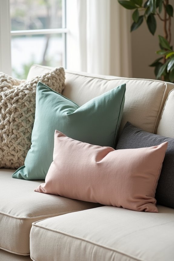3 Pillow Styles That Transform a Beige Couch 2 texture layering with balanced patterning