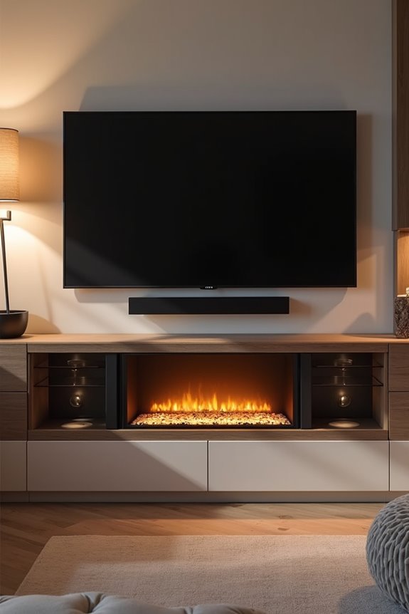 tv on credenza beside fireplace