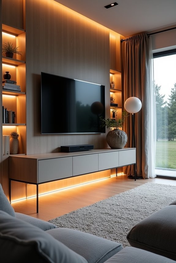 7 Living Room Ideas to Transform Your Single-Wide Trailer 5 wall mounted media elevated lighting illusion