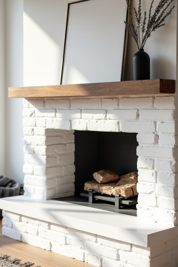 whitewashed brick fireplace with warmth